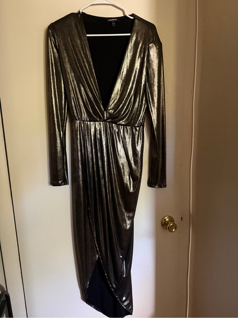Express Metallic Gold Long Sleeve Wrap-Style Maxi Dress